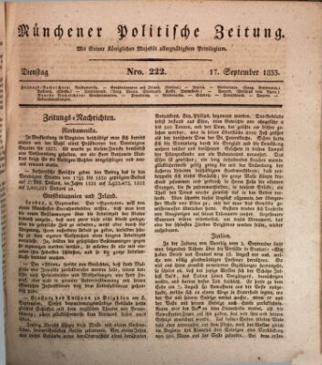 Münchener politische Zeitung (Süddeutsche Presse) Dienstag 17. September 1833