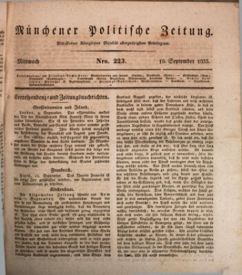 Münchener politische Zeitung (Süddeutsche Presse) Mittwoch 18. September 1833