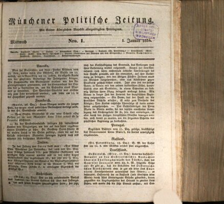 Münchener politische Zeitung (Süddeutsche Presse) Mittwoch 1. Januar 1834