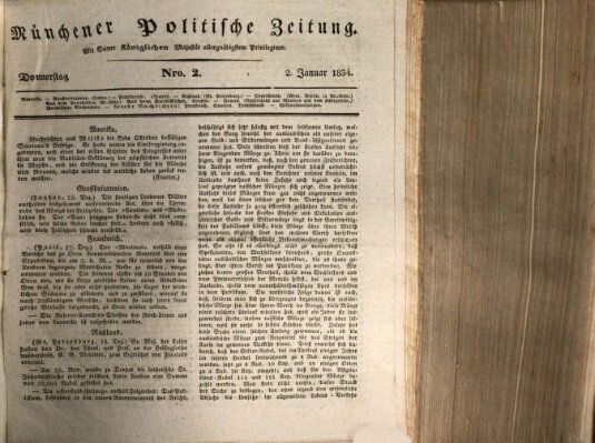 Münchener politische Zeitung (Süddeutsche Presse) Donnerstag 2. Januar 1834