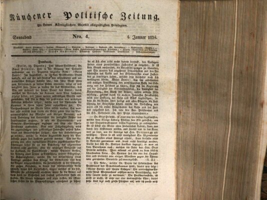 Münchener politische Zeitung (Süddeutsche Presse) Samstag 4. Januar 1834