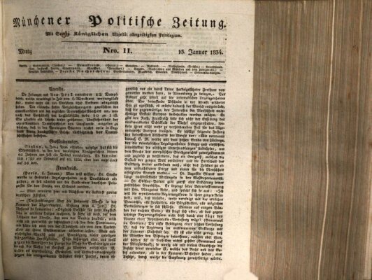 Münchener politische Zeitung (Süddeutsche Presse) Montag 13. Januar 1834