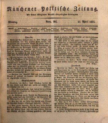 Münchener politische Zeitung (Süddeutsche Presse) Montag 21. April 1834