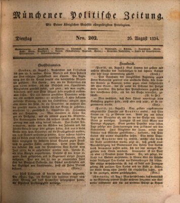 Münchener politische Zeitung (Süddeutsche Presse) Dienstag 26. August 1834