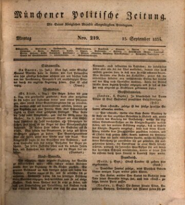 Münchener politische Zeitung (Süddeutsche Presse) Montag 15. September 1834