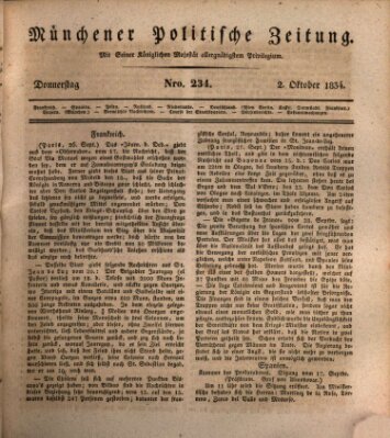 Münchener politische Zeitung (Süddeutsche Presse) Donnerstag 2. Oktober 1834