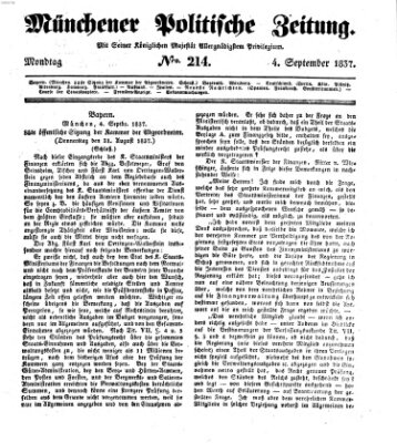 Münchener politische Zeitung (Süddeutsche Presse) Montag 4. September 1837