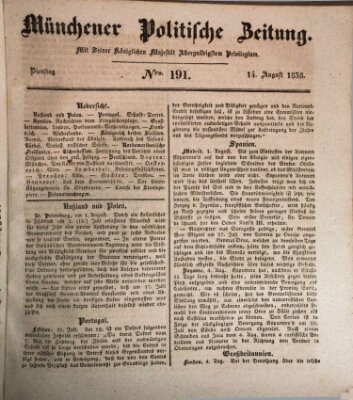 Münchener politische Zeitung (Süddeutsche Presse) Dienstag 14. August 1838