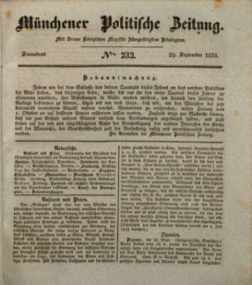 Münchener politische Zeitung (Süddeutsche Presse) Samstag 29. September 1838