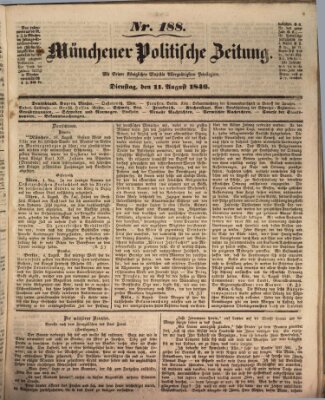 Münchener politische Zeitung (Süddeutsche Presse) Dienstag 11. August 1846