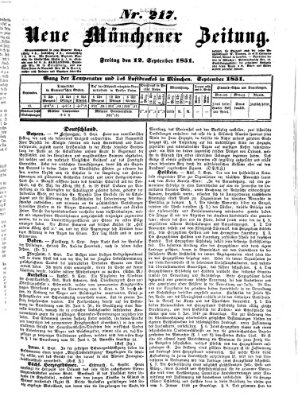 Neue Münchener Zeitung (Süddeutsche Presse) Freitag 12. September 1851