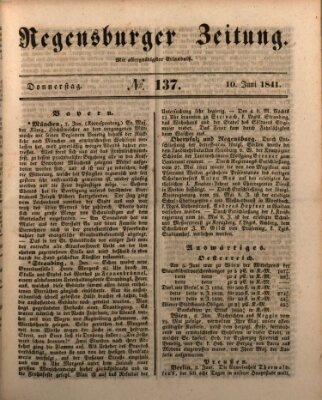 Regensburger Zeitung Donnerstag 10. Juni 1841