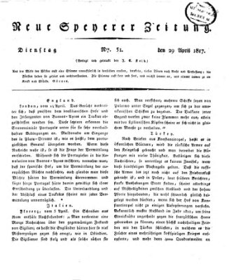 Neue Speyerer Zeitung Dienstag 29. April 1817