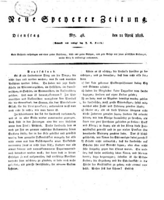 Neue Speyerer Zeitung Dienstag 21. April 1818