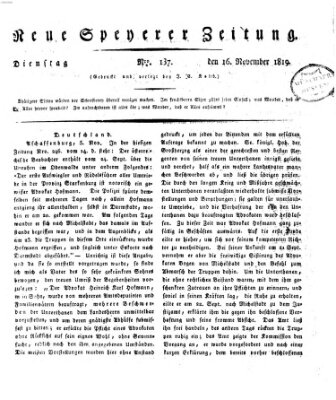 Neue Speyerer Zeitung Dienstag 16. November 1819