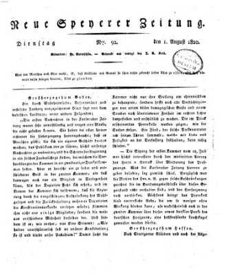 Neue Speyerer Zeitung Dienstag 1. August 1820