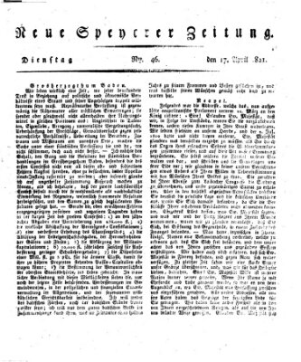 Neue Speyerer Zeitung Dienstag 17. April 1821