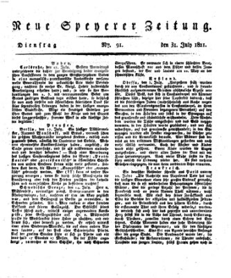 Neue Speyerer Zeitung Dienstag 31. Juli 1821