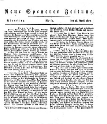 Neue Speyerer Zeitung Dienstag 28. April 1829