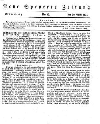 Neue Speyerer Zeitung Samstag 30. April 1831