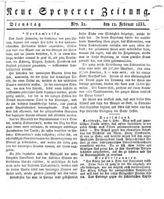 Neue Speyerer Zeitung Dienstag 12. Februar 1833