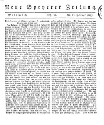 Neue Speyerer Zeitung Mittwoch 13. Februar 1833