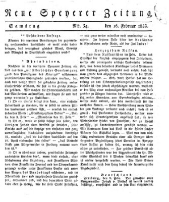 Neue Speyerer Zeitung Samstag 16. Februar 1833