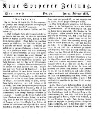 Neue Speyerer Zeitung Mittwoch 27. Februar 1833