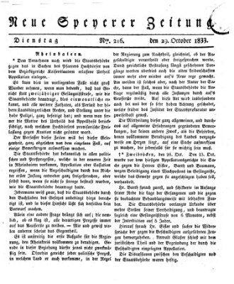 Neue Speyerer Zeitung Dienstag 29. Oktober 1833