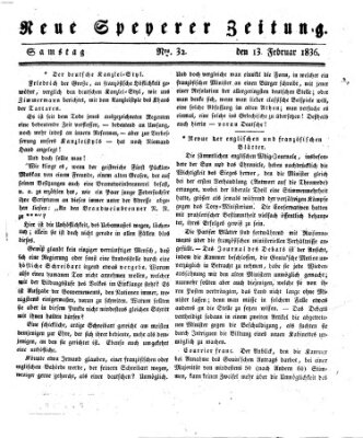 Neue Speyerer Zeitung Samstag 13. Februar 1836