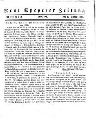 Neue Speyerer Zeitung Mittwoch 24. August 1836