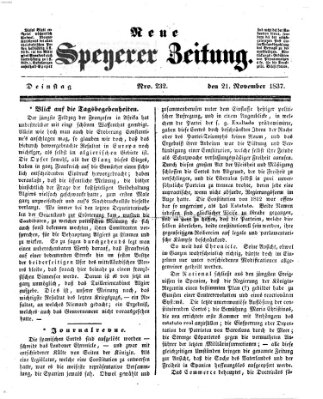 Neue Speyerer Zeitung Dienstag 21. November 1837