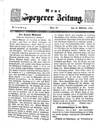 Neue Speyerer Zeitung Dienstag 20. Februar 1838