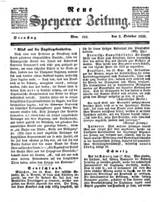 Neue Speyerer Zeitung Dienstag 2. Oktober 1838