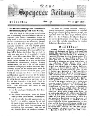 Neue Speyerer Zeitung Donnerstag 18. Juli 1839