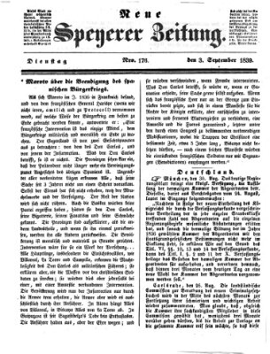 Neue Speyerer Zeitung Dienstag 3. September 1839