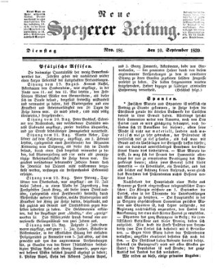 Neue Speyerer Zeitung Dienstag 10. September 1839