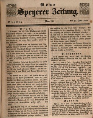 Neue Speyerer Zeitung Dienstag 14. Juli 1840