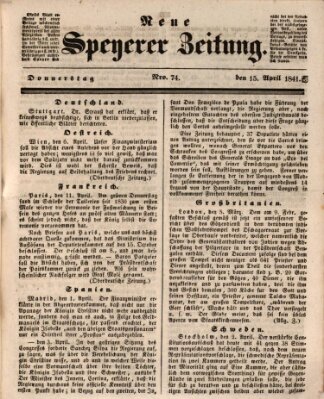 Neue Speyerer Zeitung Donnerstag 15. April 1841