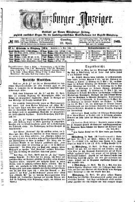 Würzburger Anzeiger (Neue Würzburger Zeitung) Samstag 22. April 1865