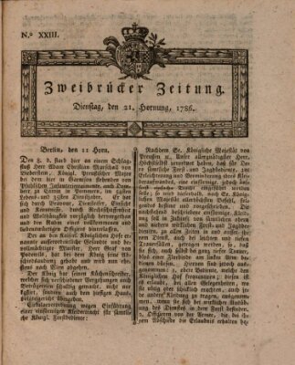 Zweibrücker Zeitung (Zweibrücker Wochenblatt) Dienstag 21. Februar 1786