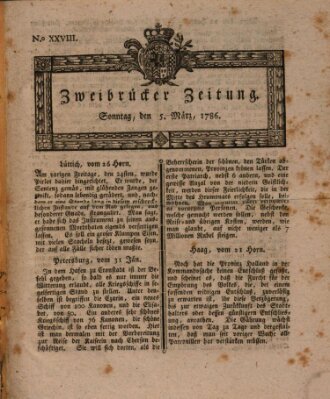 Zweibrücker Zeitung (Zweibrücker Wochenblatt) Sonntag 5. März 1786