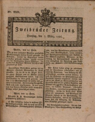 Zweibrücker Zeitung (Zweibrücker Wochenblatt) Dienstag 7. März 1786