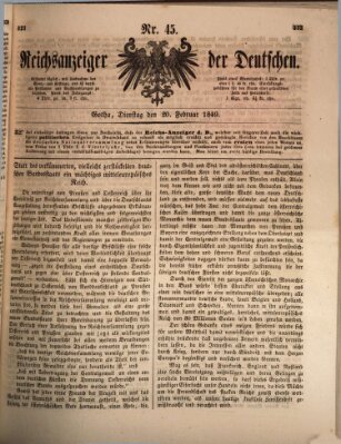 Reichsanzeiger der Deutschen (Allgemeiner Anzeiger der Deutschen) Dienstag 20. Februar 1849