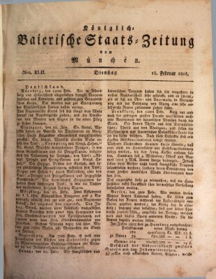 Königlich-Baierische Staats-Zeitung von München (Süddeutsche Presse) Dienstag 18. Februar 1806