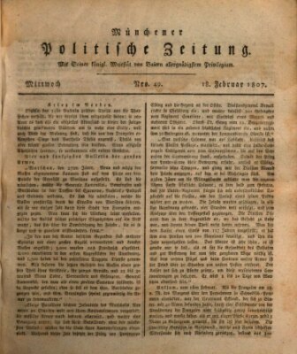 Münchener politische Zeitung (Süddeutsche Presse) Mittwoch 18. Februar 1807