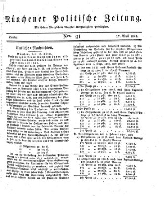 Münchener politische Zeitung (Süddeutsche Presse) Dienstag 17. April 1827