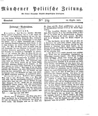 Münchener politische Zeitung (Süddeutsche Presse) Samstag 15. September 1827