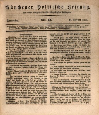 Münchener politische Zeitung (Süddeutsche Presse) Donnerstag 19. Februar 1835