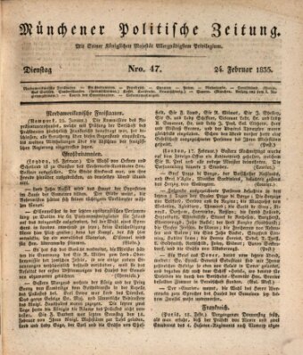 Münchener politische Zeitung (Süddeutsche Presse) Dienstag 24. Februar 1835